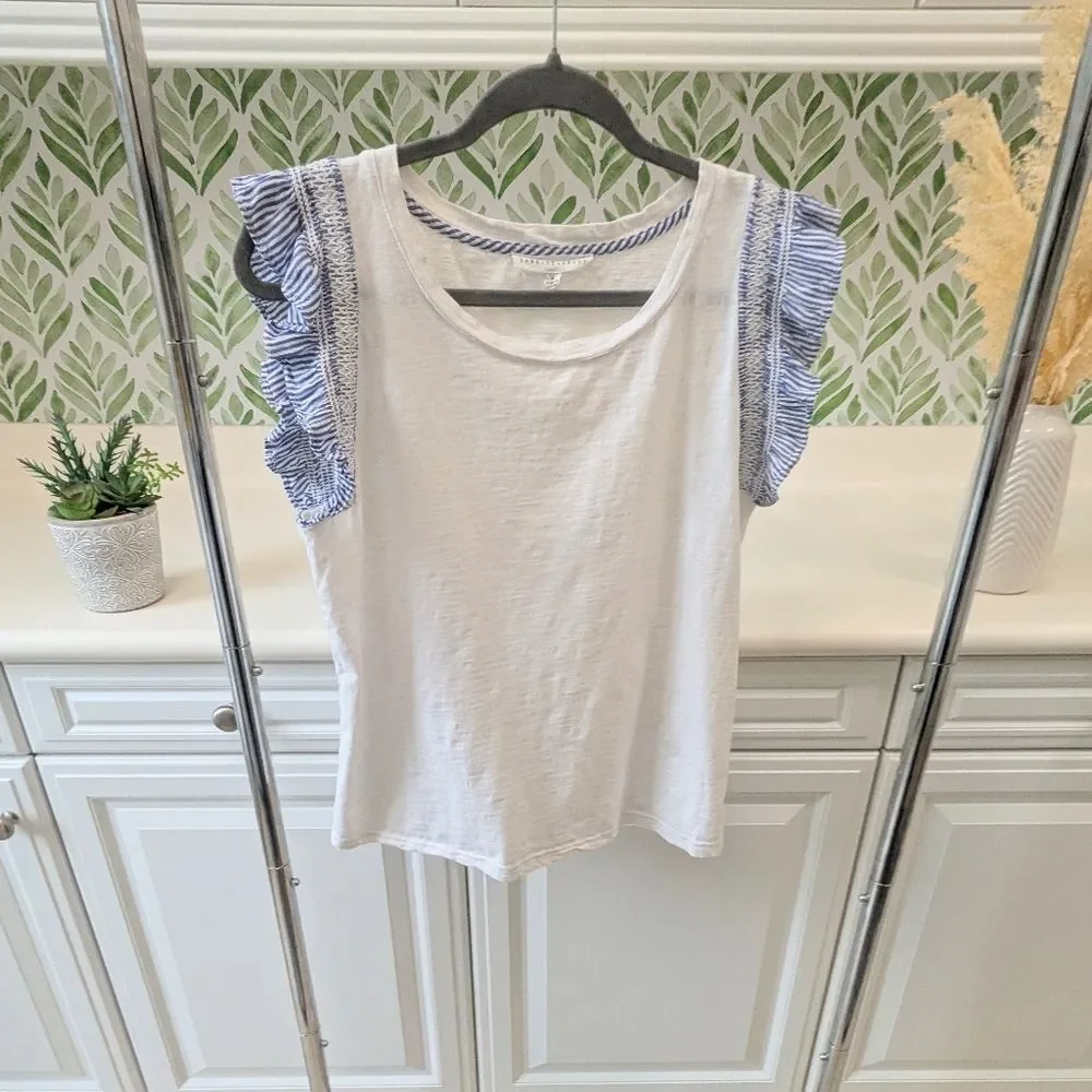 Jane + Delancey White Tee Frill Ruffle Sleeve Top M Coastal Granddaughter Preppy - Picture 3 of 9